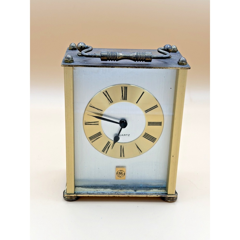 Vintage GE West Germany Quartz Carriage Clock Brass Tone Glass Case Working